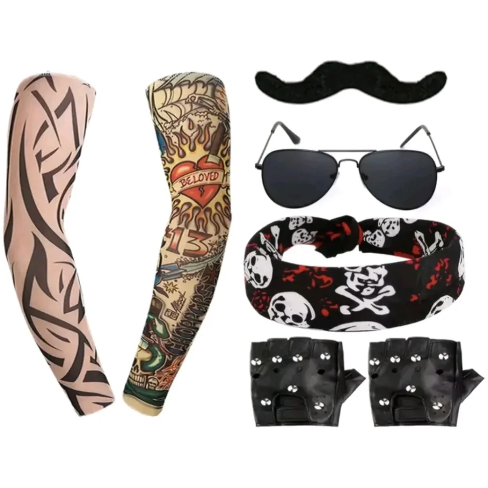 Rocker Costume Long Black Wig Heavy Metal Biker Festival Tattoo Sleeves Cosplay - Picture 2 of 11